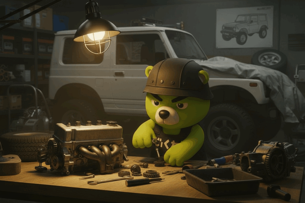 ガレージでジムニーのカスタムパーツを開発・整備する「おじくま」と白いジムニー