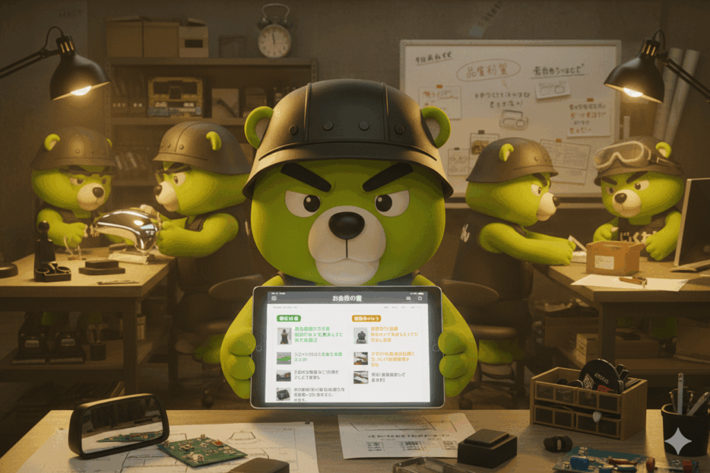 LikeOne開発室でタブレットを手に持ち、お客様から寄せられた商品レビュー(オーナーの声)を確認する「おじくま」