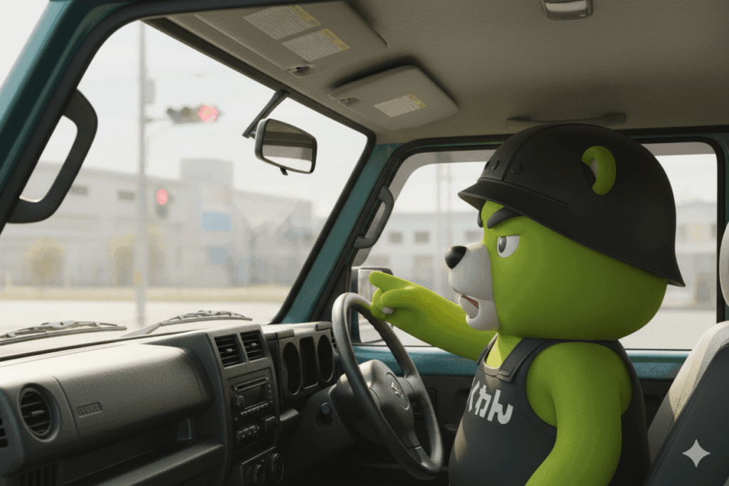 ジムニーの運転席で純正ルームミラーを指差し、視界の悪さに不満げな表情を浮かべる「おじくま」