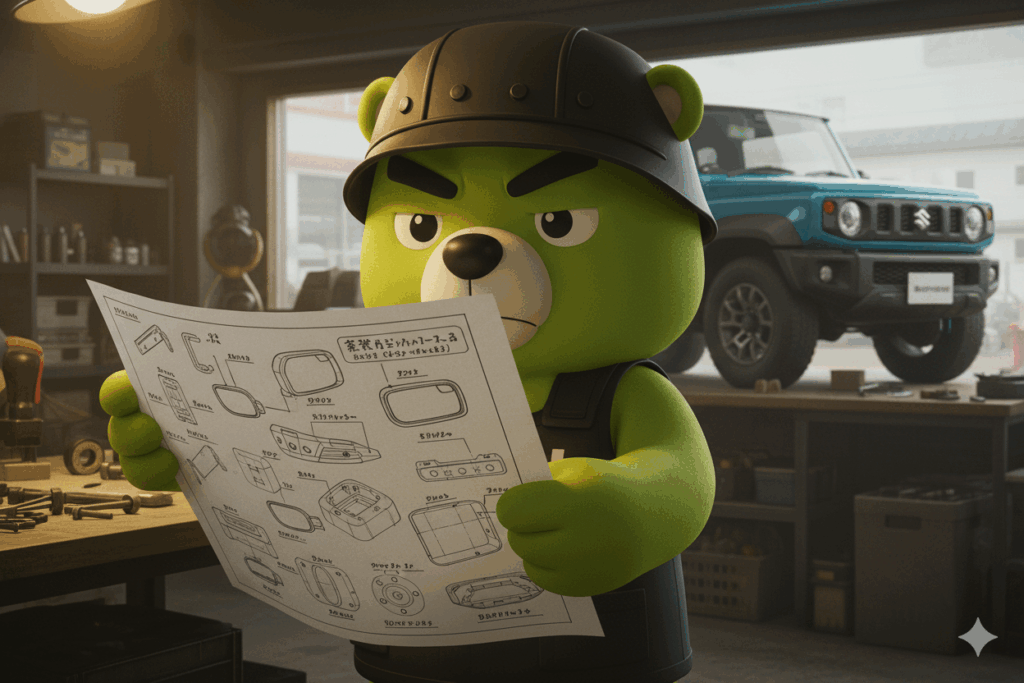青いジムニーを背景にパーツの設計図を真剣に確認するLikeOne開発部長「おじくま」
