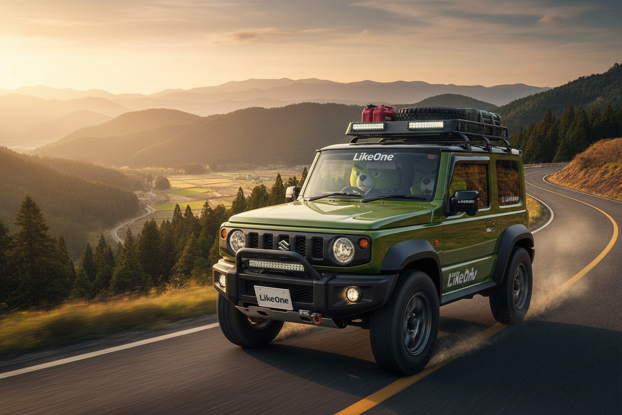 LikeOneのステッカーを貼ったカスタムジムニーを運転する公式キャラクター「おじくま」