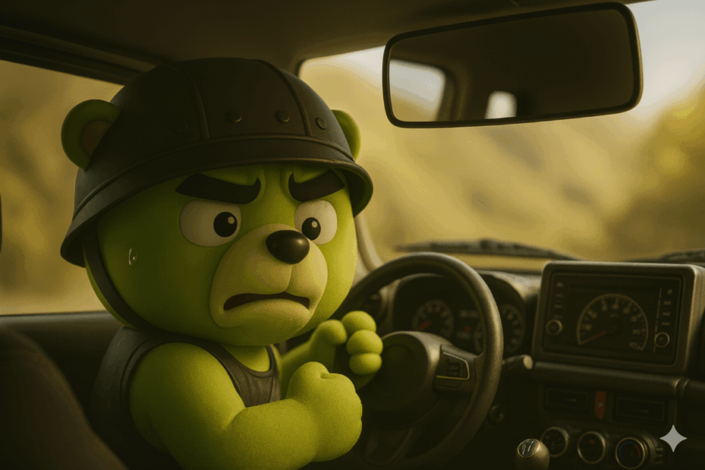 LikeOneのおじくまがジムニーの運転席に乗りルームミラーを邪魔そうに見ている様子