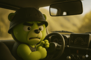 LikeOneのおじくまがジムニーの運転席に乗りルームミラーを邪魔そうに見ている様子