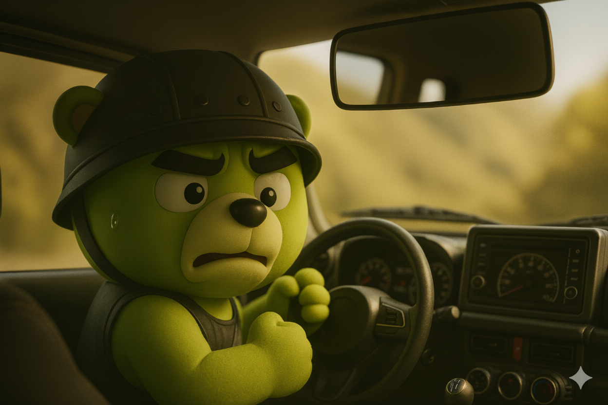 LikeOneのおじくまがジムニーの運転席に乗りルームミラーを邪魔そうに見ている様子