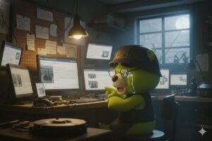 LikeOneのおじクマが、パソコン画面に映る商品レビューを見て、嬉し泣きしながら分析しているシーン