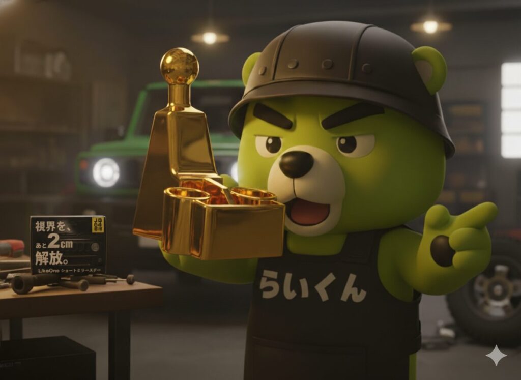 LikeOneキャラクターおじくまが通常の10倍以上大きそうなゴールドのショートステーを自慢げに持つ ジムニーカスタムパーツ