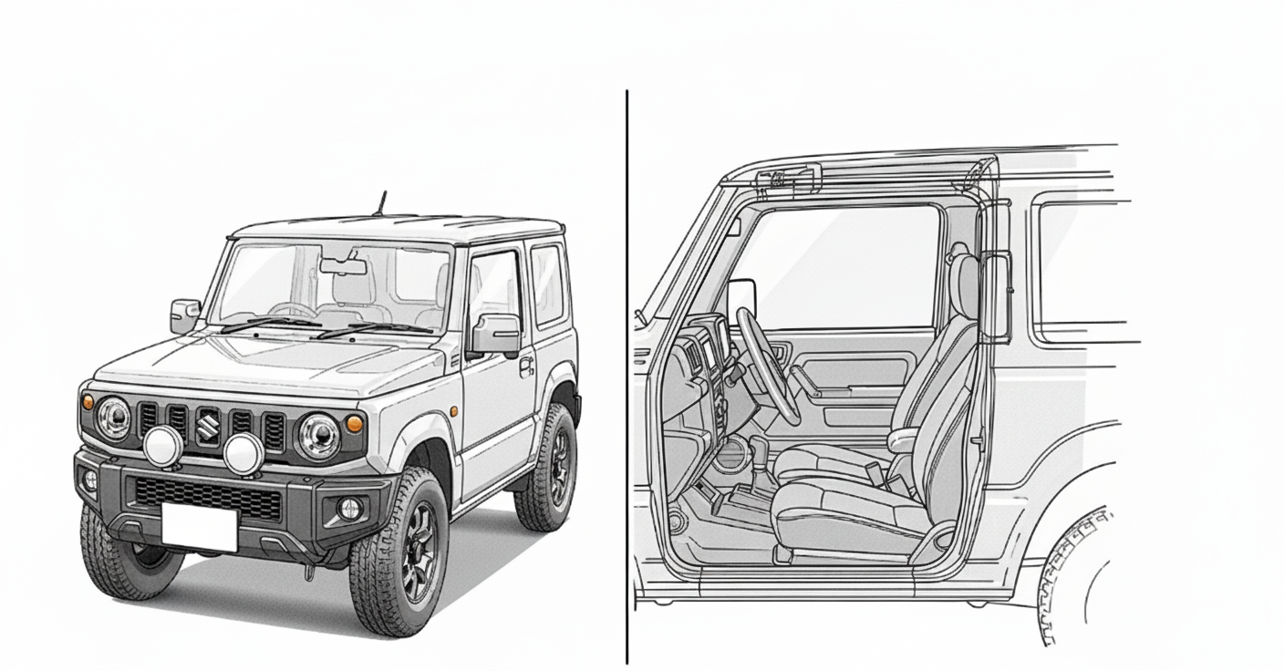 ジムニーのフロントデザインと運転席のイラストを並べた簡単な図解
